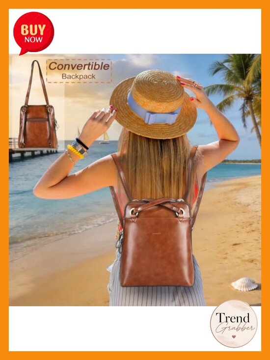 Convertible Leather Backpack Purse - Fits iPad, Adjustable Strap